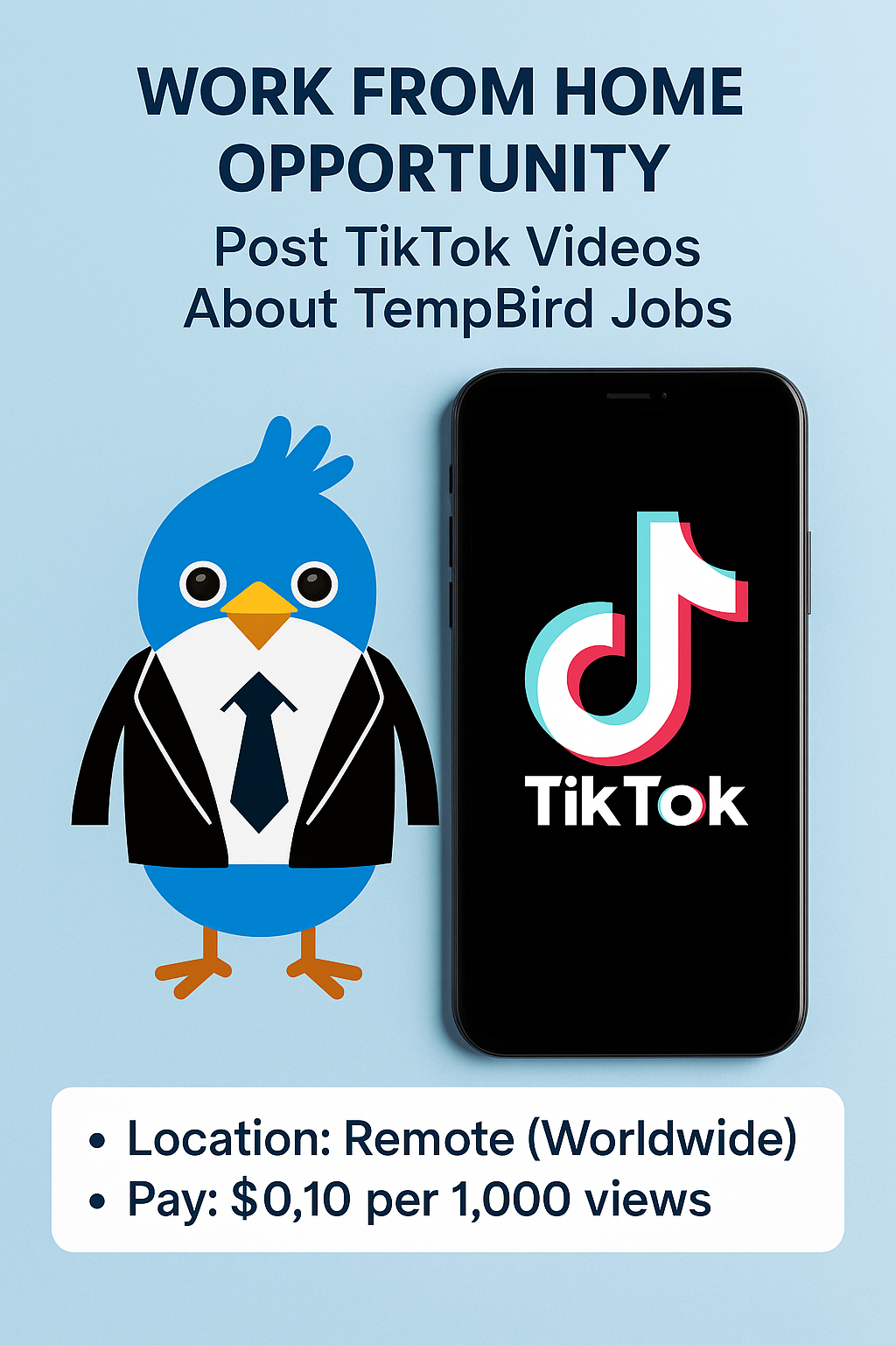 Work From Home Opportunity: Get Paid to Post TikTok Videos About TempBird Jobs